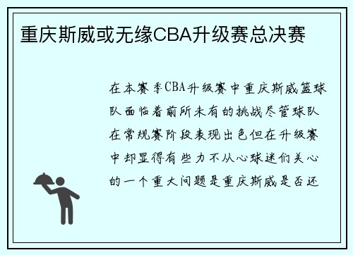 重庆斯威或无缘CBA升级赛总决赛